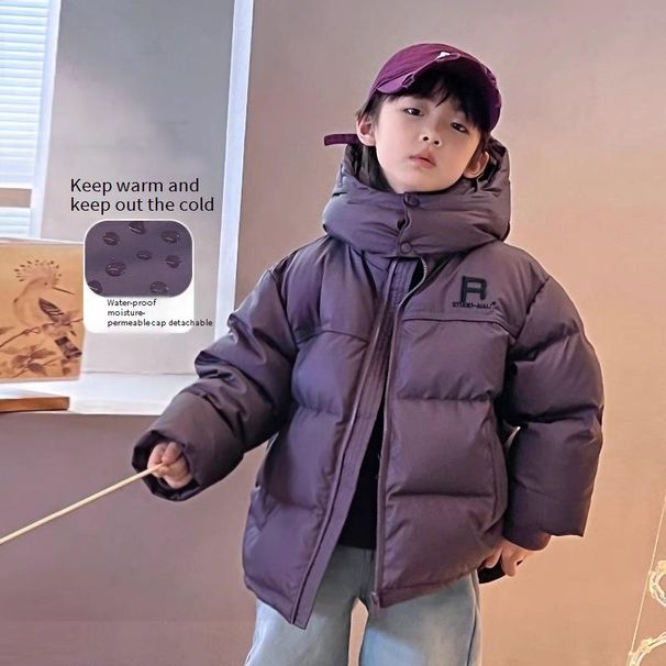 Boys' Winter Puffer Jacket – Thickened Polyester Shell With Fleece Lining, Hooded & Windproof (120-170cm, Black/Purple, Trendy Streetwear Style)_voghion.com