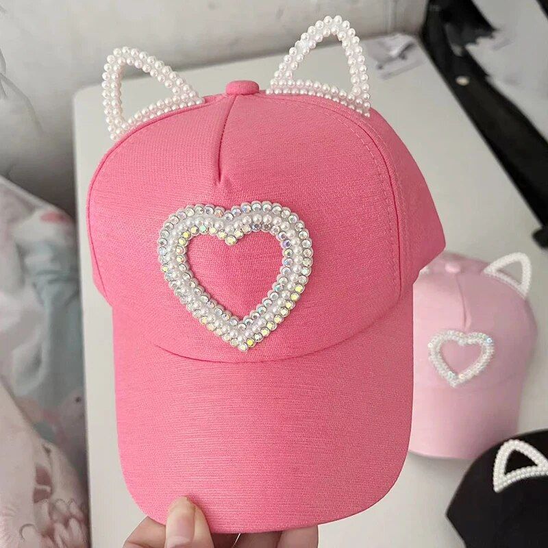 Children Rhinestone Hearts Baseball Cap Girls Pearl Snapback Protection Caps Cat Ear Kids Baby Sun Hat_voghion.com