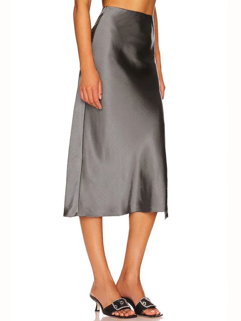 Spot high quality satin skirt elastic high waist solid color slit midi skirt women's clothing _voghion.com