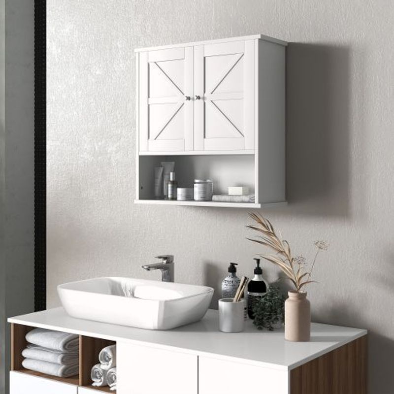 kleankin Farmhouse Bathroom Wall Cabinet, Wall Mounted Medicine Cabinet With Open Shelf & Adjustable Shelf, Storage For Laundry Room, White_voghion.com