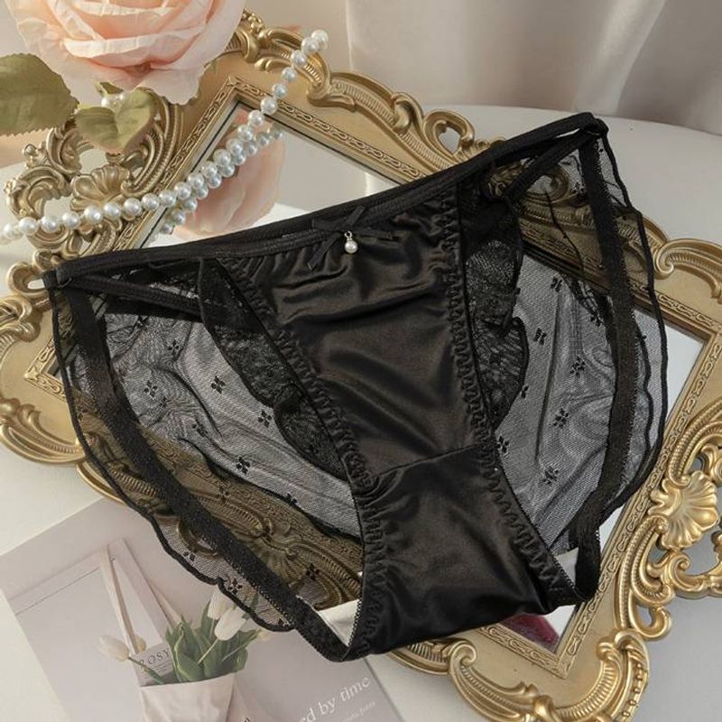 Francês elegante renda de cetim garfo alto sexy cor sólida champanhe preto cintura baixa triângulo roupa interior tamanho: M-XL_voghion.com