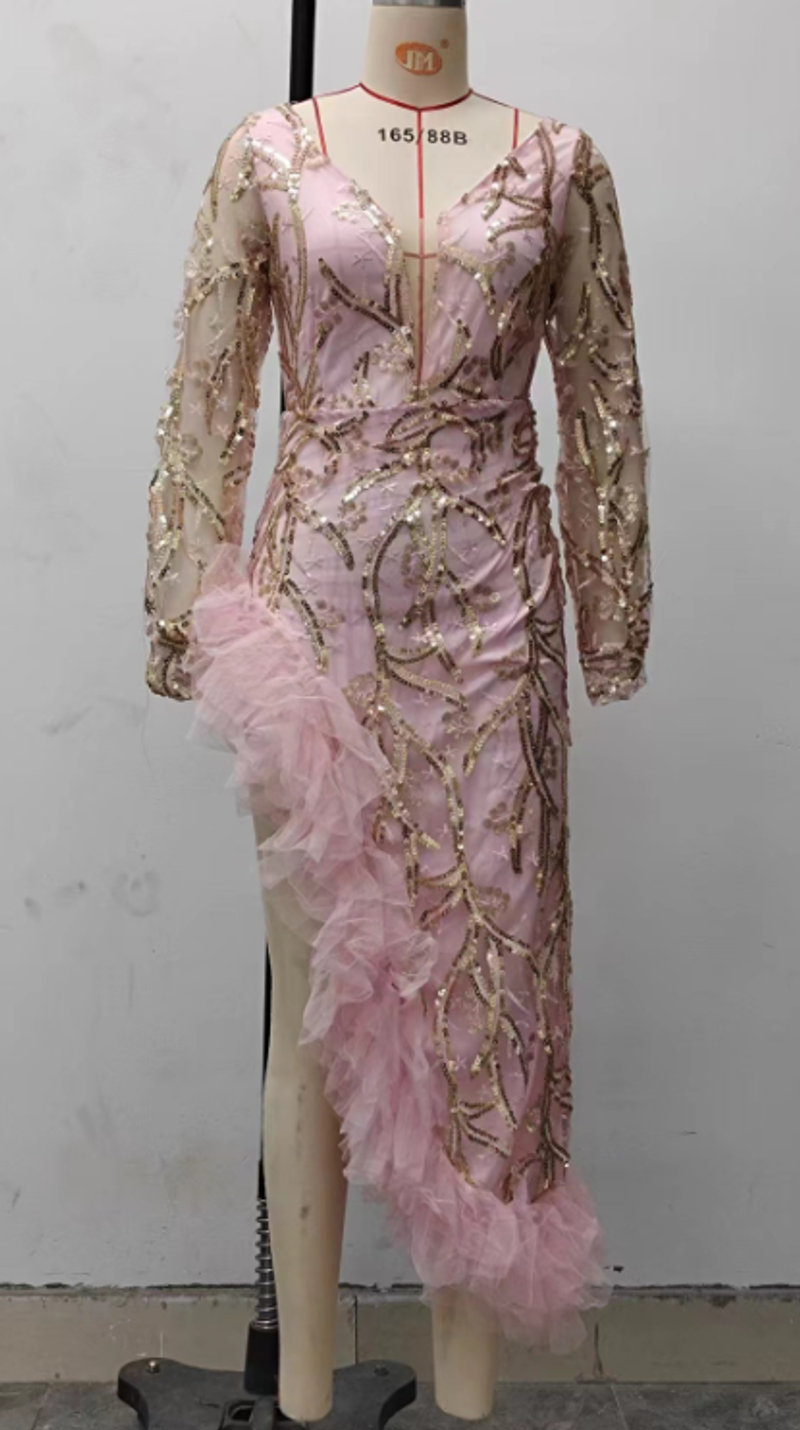 Abbigliamento da donna Primavera ed estate Nuovo abito da sera lungo in rete rosa con perline, sexy, lungo fino ai fianchi_voghion.com