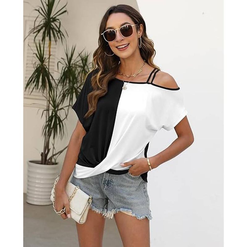 Dame Off Shoulder Toppe Sommer Twist Skjorte Kortærmet Farveblok T-shirt Skjorte Skjorte Mode_voghion.com