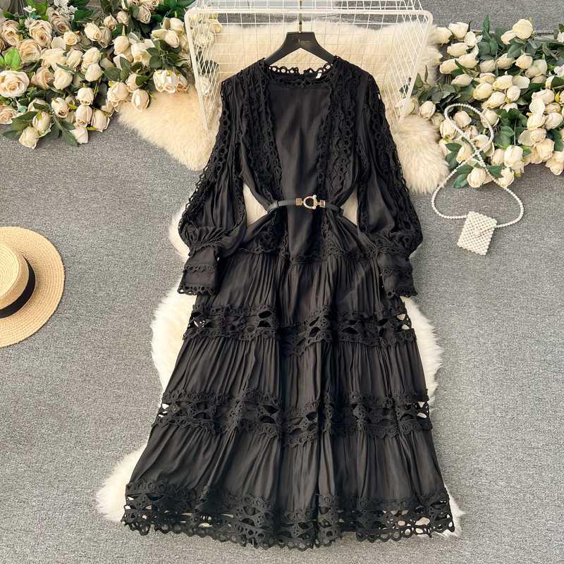 Dameskleding Palace Style Tweedelig Pak Voor Vrouwen Temperament Korte Revers Lantaarn Mouw Top + Hoge Taille Kant Patchwork Rok_voghion.com