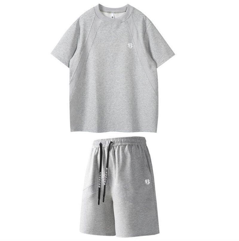Men's Clothing Fashion Space Cotton Fabric Small Logo Casual Short Sleeved Cropped Pants Sports Suit_voghion.com