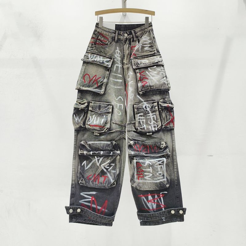 Roupas femininas pintadas com design de grafite jeans de trabalho para mulheres primavera cintura alta calças retas soltas e versáteis_voghion.com