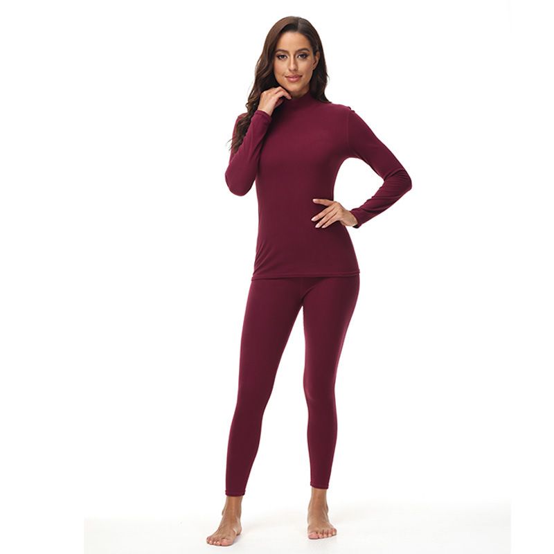 Women's Thermal Underwear Set High Neck Fleece Lined Long Sleeve Tops & Pants Winter Warm Base Layer Soft Stretchable Dralon Fabric Pure Color_voghion.com
