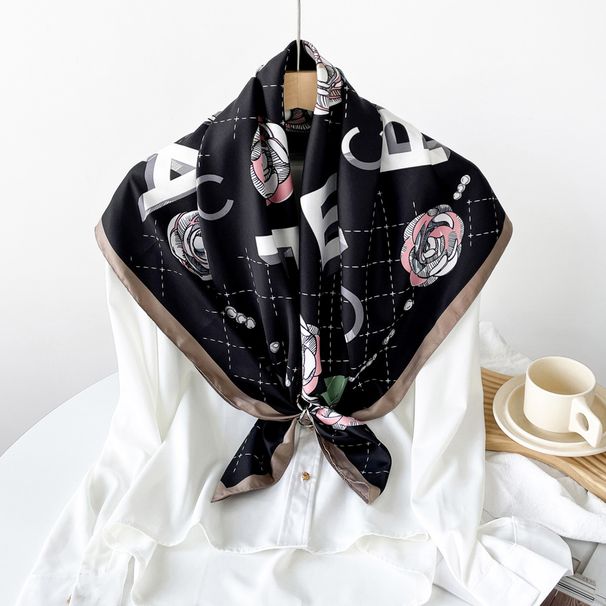 Nieuwe 90 zijden sjaal met contrasterend letterstreepontwerp, dunne vierkante sjaal, lichtgewicht, ademend, zonnebrandcrème_voghion.com
