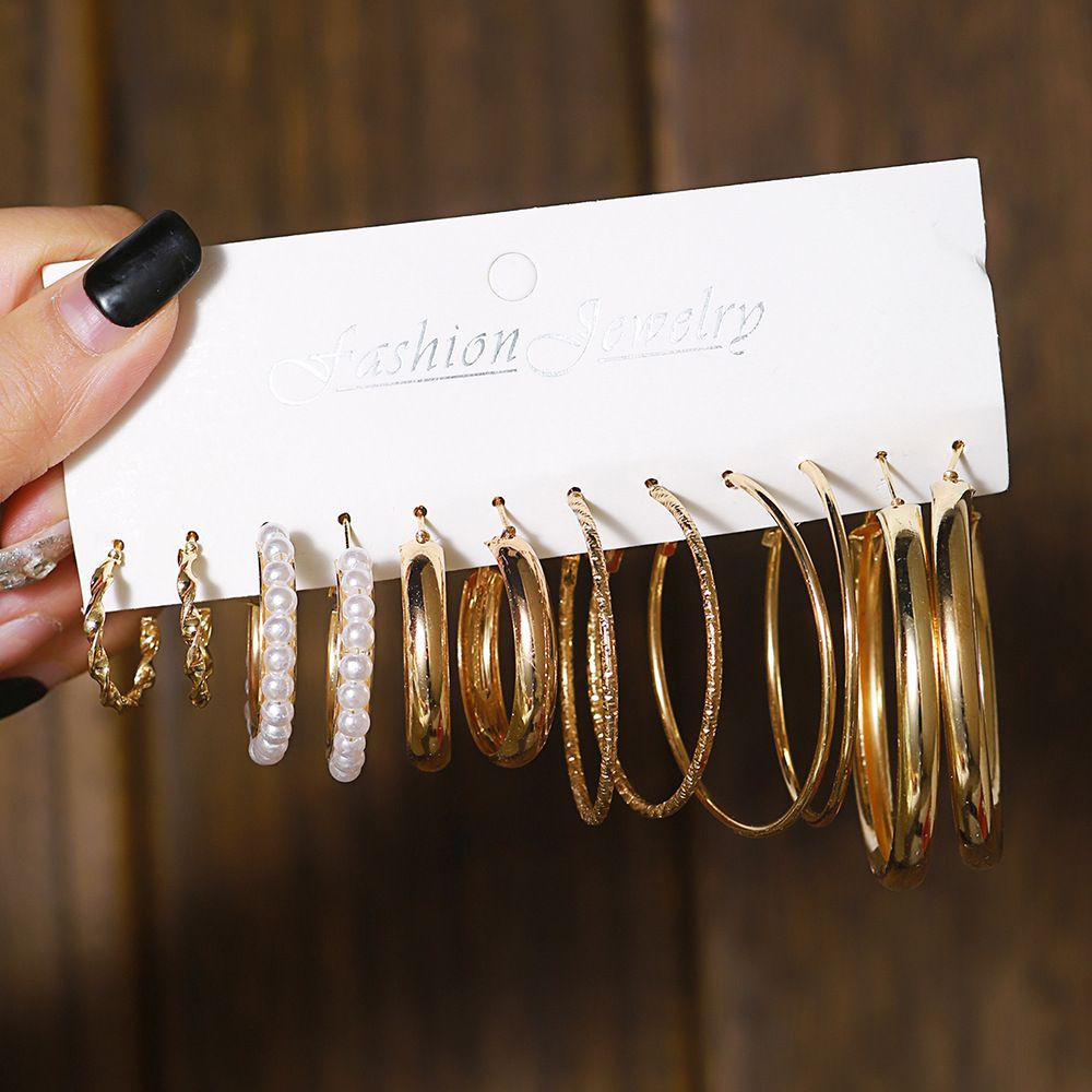 Kreative geometrische Ohrringe, Retro-Perlenohrringe, Ohrring-Set im Hepburn-Stil, 6-teilig, Metallohrringe im europäischen und amerikanischen Stil_voghion.com