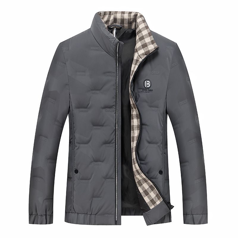 Vêtements pour hommes Veste courte d'hiver en coton et soie pour hommes d'âge moyen et jeunes, col montant en canard blanc Veste slim chaude décontractée en coton et soie pour hommes_voghion.com