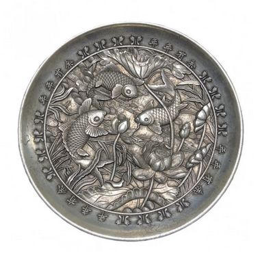 Antico piatto da pesce in rame puro della dinastia Qing, anno del loto, in rame bianco, placcato in argento, artigianato, decorazione per la casa, collezione_voghion.com