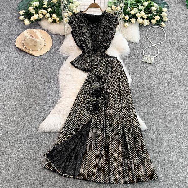 Women's Clothing Socialites Elegant Double Layer Ruffled V Neck Sleeveless Waist Top + High Waist Slim Slit Skirt Suit_voghion.com