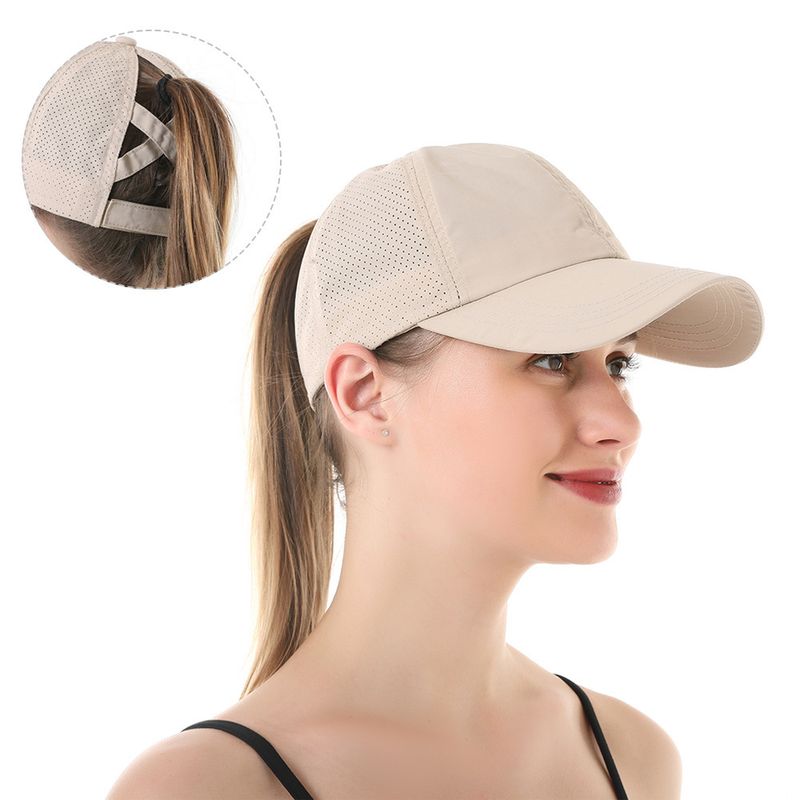 Summer Solid Color Baseball Cap Women's Athleisure Cross Ponytail Hat Mesh Quick-Drying Cap Visor Hat_voghion.com