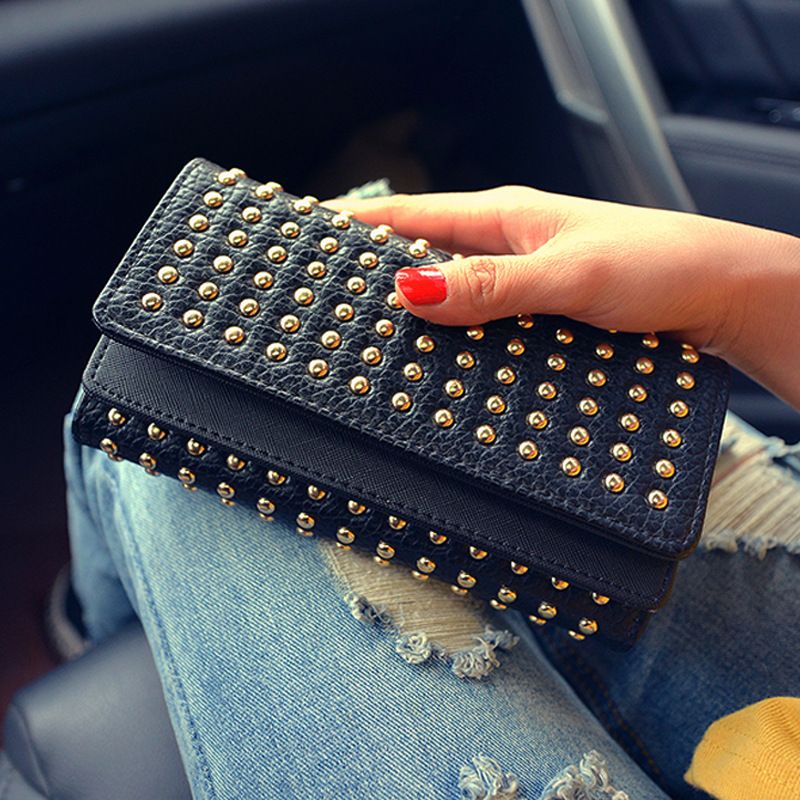 Lange, dreifach faltbare Geldbörse für Damen mit mehreren Kartenfächern, Clutch mit Schnalle und Nieten, mehrlagige Handytasche, Kartentasche_voghion.com