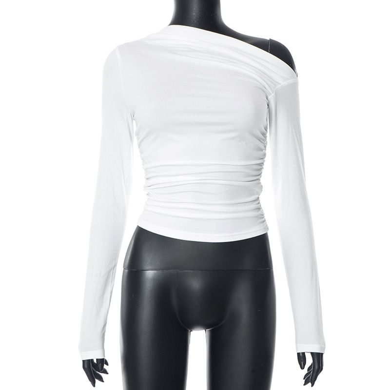 Maglietta da donna europea e americana con spalle oblique, a maniche lunghe, tinta unita, con pieghe e ombelico scoperto, aderente al corpo_voghion.com