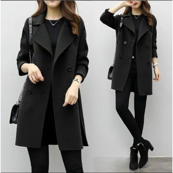Übergroßer, langer Mantel aus Wollmischung für Damen – Zweireihiger Trenchcoat mit Schalkragen (Schwarz, Grün)_voghion.com