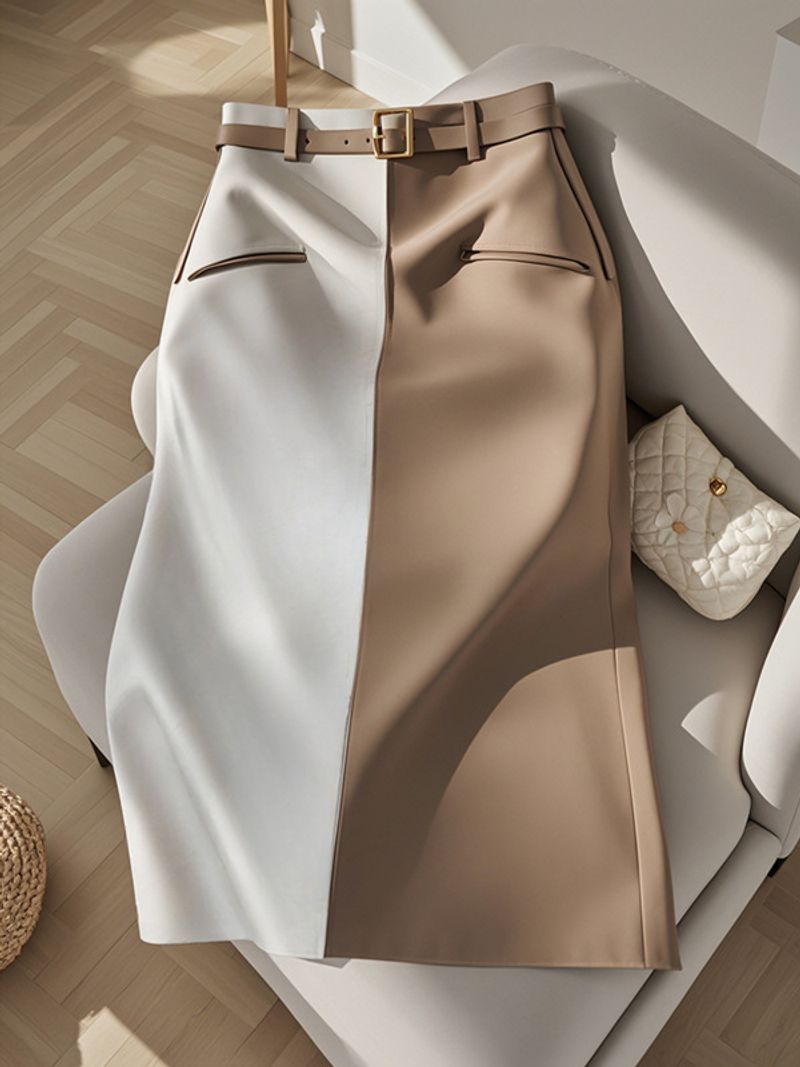 Vêtements pour femmes populaires chic unique drapé belle taille haute mince droite petite jupe de couleur contrastée pour les femmes début de l'automne_voghion.com