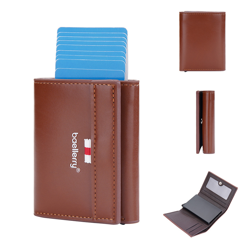 Baellerry new men's card bag European and American RFID three-fold multi-card slot wallet bottom push card metal card box_voghion.com