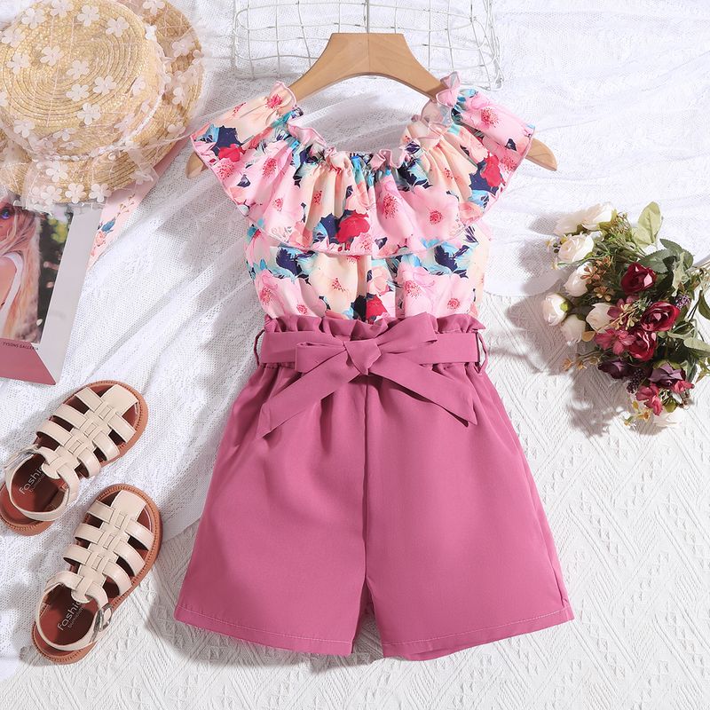 Mother & Kids Tween Girls' Floral Printed Top With Ruffle Trim And Solid Color Shorts_voghion.com