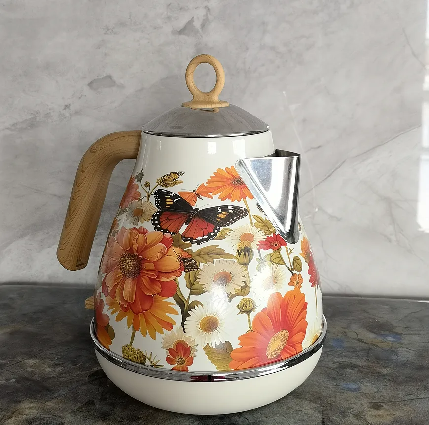 PS3013Ta Flower ūdenszīme krāsota elektriskā tējkanna retro instrumenta termometrs elektriskā tējkannas snīpis var pievienot ūdeni 1850W, lai ātri uzvārītu_voghion.com