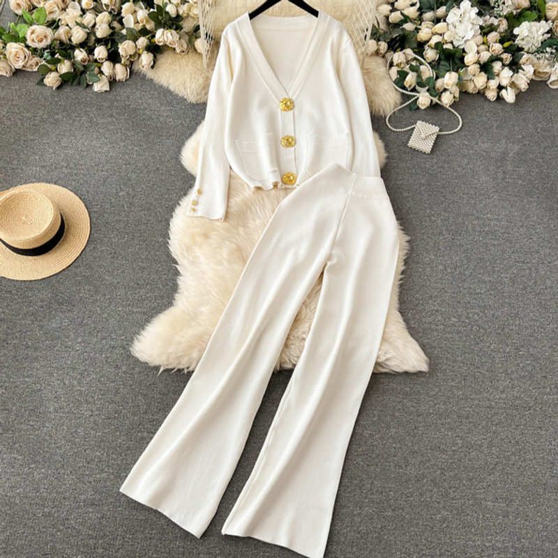 Abbigliamento donna piccolo vestito versatile bottone in metallo manica lunga cardigan maglione pantaloni gamba larga maglia due pezzi vestito_voghion.com