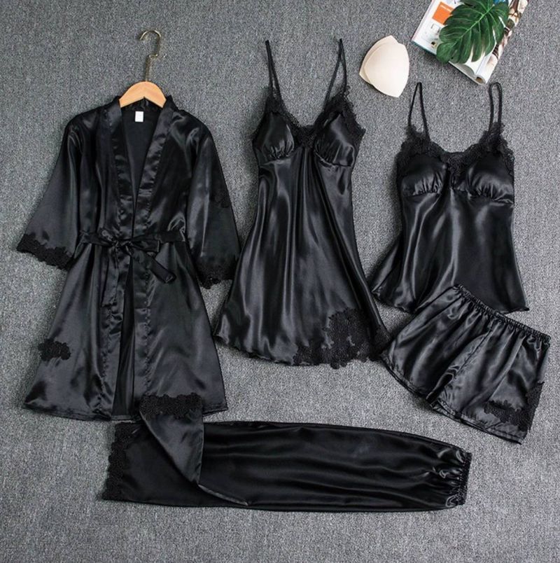 Sexy Women's Summer Satin Silk Sleepwear – 5-Piece Lightweight Long-Sleeve Robe Set_voghion.com