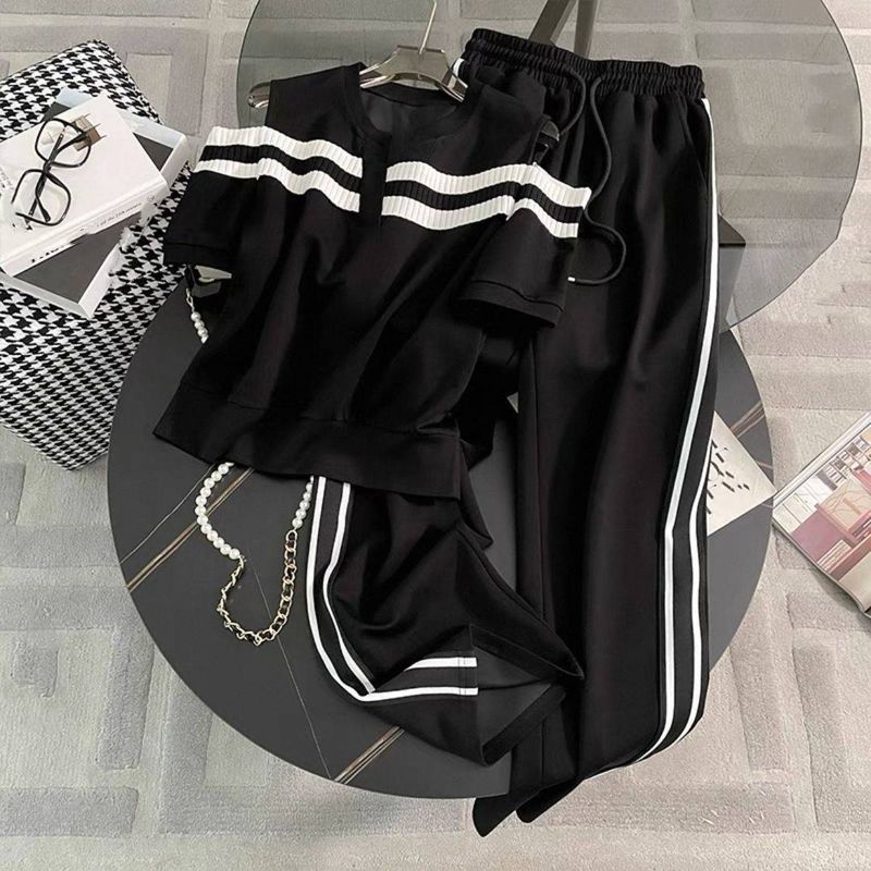 Women's Clothing Summer Black Casual Fashion Suit Female Design Niche Off Shoulder Short Sleeved Top Wide Leg Pants Two Piece Suit_voghion.com