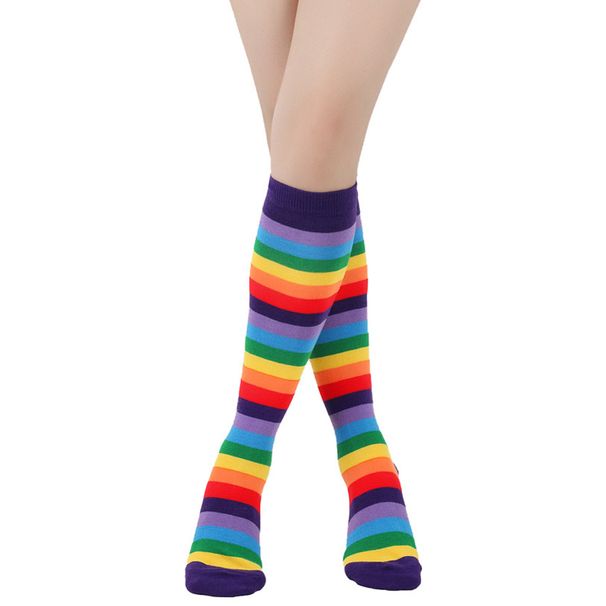 Calzini alti fino al ginocchio a righe colorate da donna, in cotone da uomo, di media lunghezza per le riunioni, al polpaccio arcobaleno_voghion.com