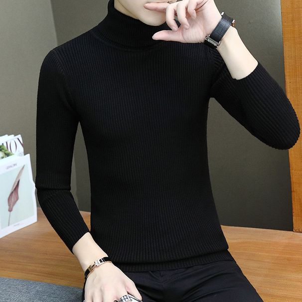 Men's simple solid color knit slim vertical striped turtleneck sweater_voghion.com