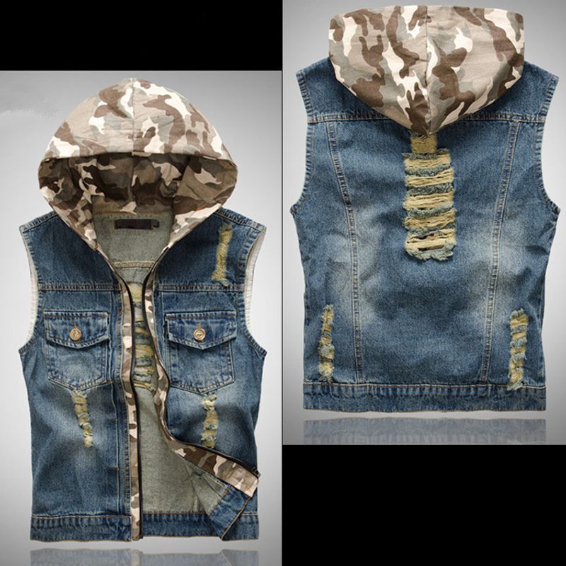 Abbigliamento da uomo Gilet di jeans strappato slim fit per uomo Gilet di jeans con cappuccio per uomo Gilet di jeans mimetico_voghion.com
