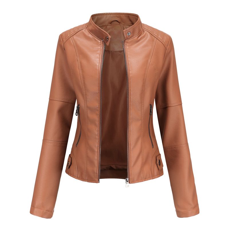 Damen Slim Fit Dünnschliff Frühlings- und Herbstmantel Damen Motorradanzug Große Größe Stehkragen Lederjacke_voghion.com