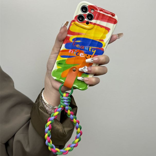 Custodia per cellulare di piccole dimensioni con graffiti di qualità imbattibile, con colori a contrasto, per iPhone 15 Promax, con ornamenti da appendere al collo, per iPhone 14_voghion.com