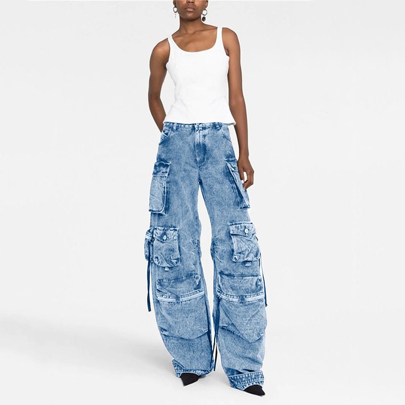 Abbigliamento da donna Primavera e autunno Nuova moda grigio fumo con giunture multitasche tuta pantaloni larghi e lunghi a gamba larga lavati da strada_voghion.com