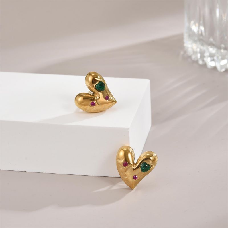 New versatile single piece stainless steel minimalist heart-shaped inlaid colored zircon Korean version luxurious women's temperament earring jewelry_voghion.com