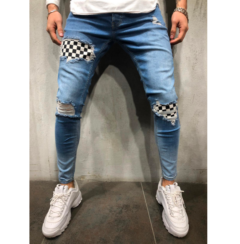 Men's Skinny Ripped Penny Pants Men's Badge Slim Fit Jeans_voghion.com