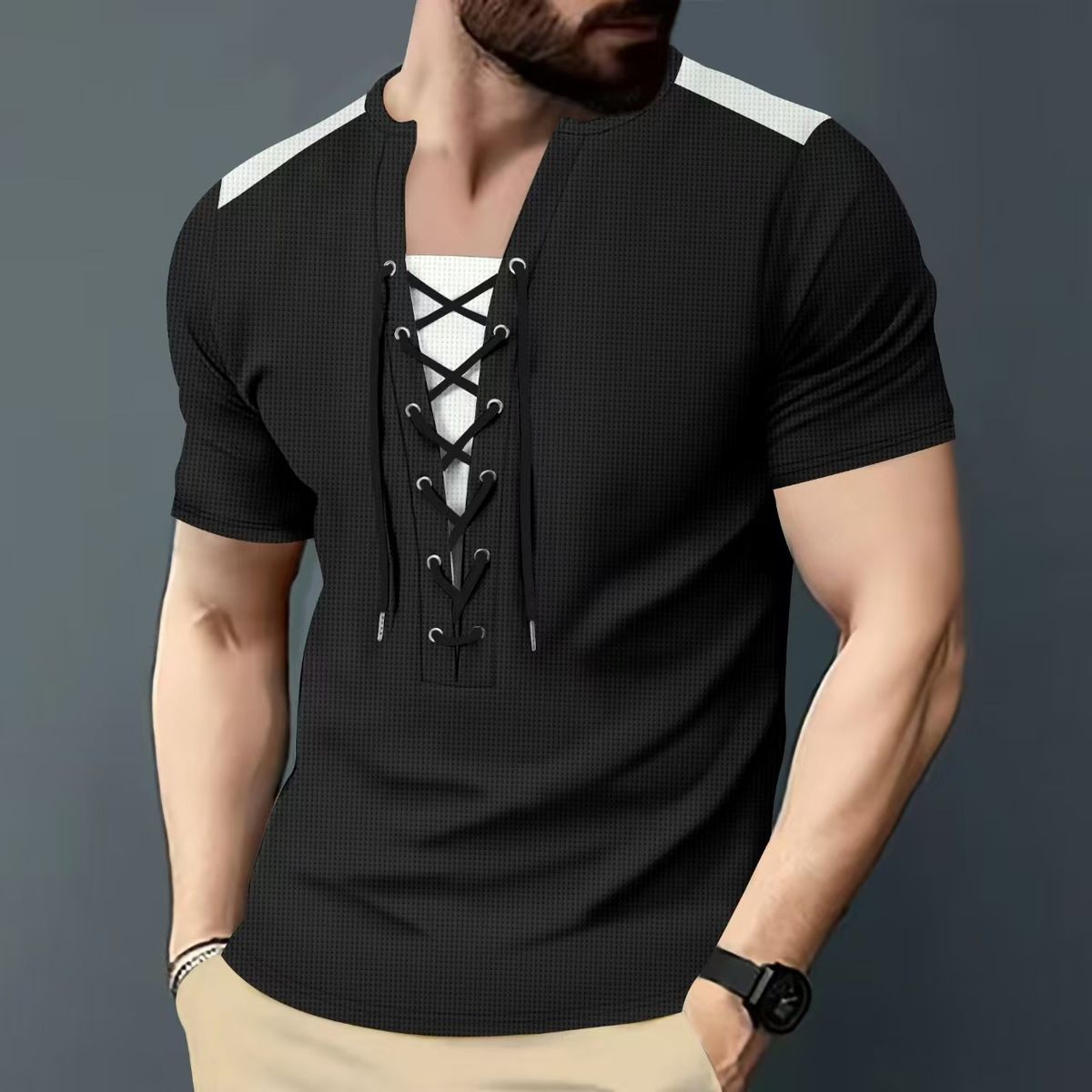 Men's Clothing Cardigan Drawstring Round Neck Sports Polo Shirt_voghion.com