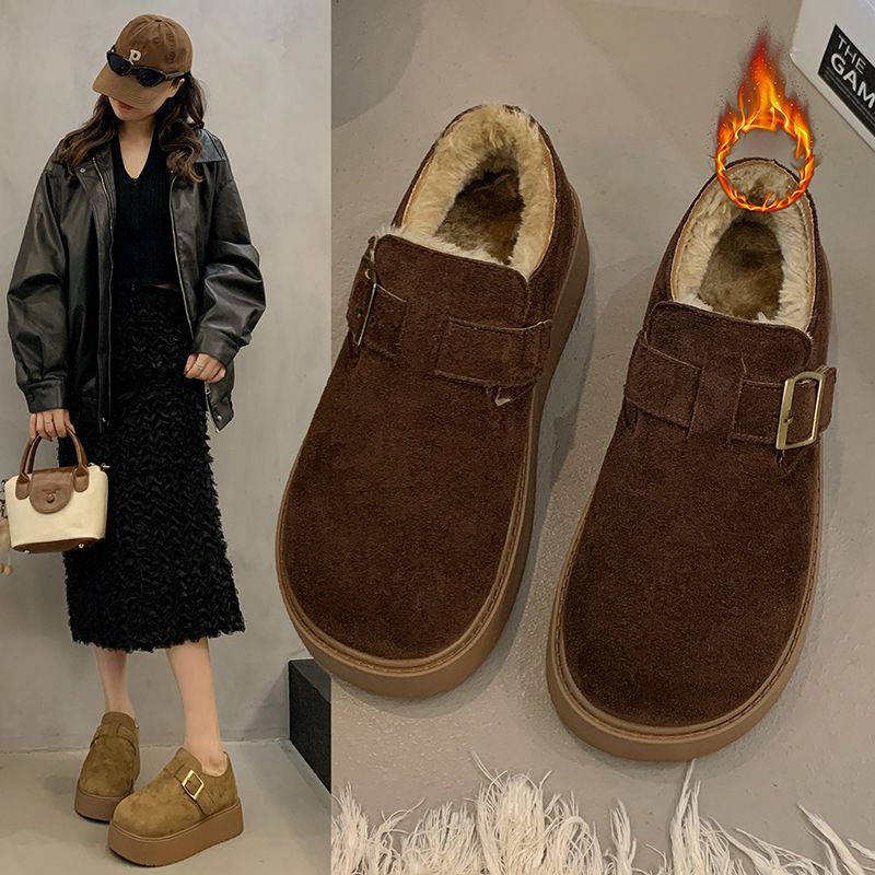 Women's Chunky Platform Birkenstock-Style Loafers With Faux Fur Lining - Warm Slip-On Shoes For Fall Winter Spring_voghion.com