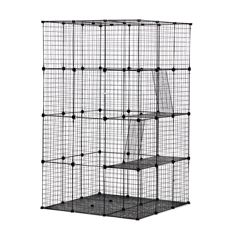 3-Tier Wire Cat Cage, Large Kennels Playpen with 3 Platforms, 3 Ramp Ladders and 4 Doors, Black_voghion.com