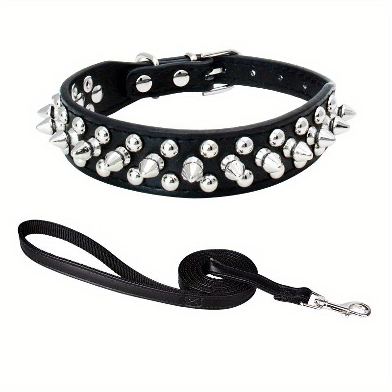 Spiked Dog Collar, Durable PU Leather Studded Dog Collar With Leash_voghion.com
