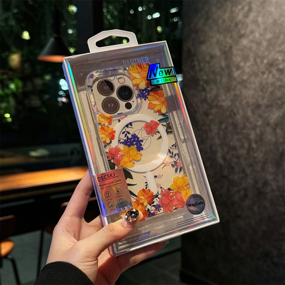 Étui de téléphone portable avec emballage adapté à l'iPhone 15, double couche, imprimé, magnétique, à ventouse, motif floral_voghion.com