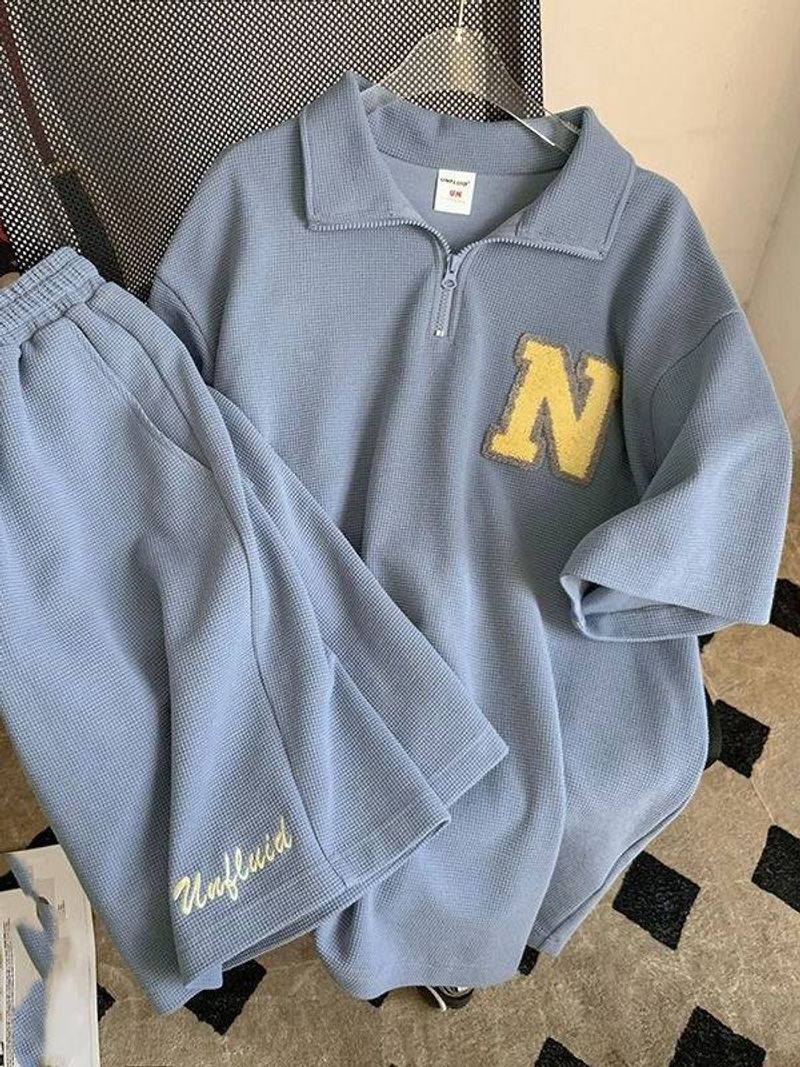 Women's Clothing sports suit Polo collar short sleeve men and women loose summer wear a complete set of student shorts_voghion.com