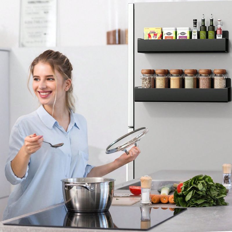 2 Pack Matt Black Magnetic Storage Rack For Refrigerator/Washing Machine, Wall-Mounted Doorless Organizer For Kitchen & Bathroom Spices_voghion.com