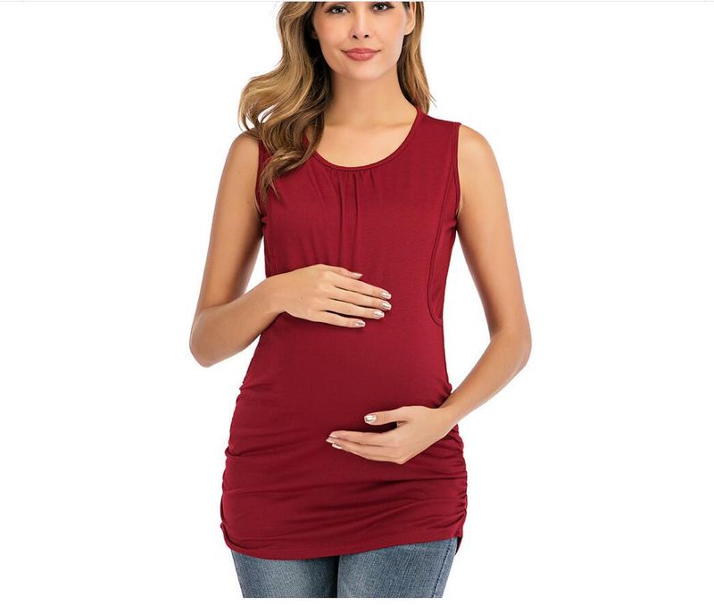 Pregnant Women's New Round Neck Solid Color Side Open Vest Breastfeeding Suit_voghion.com