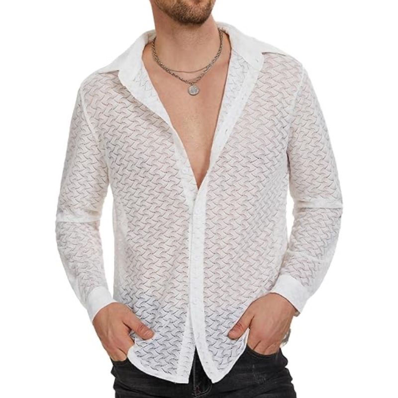Herrenbekleidung Spitze Durchsichtiges Hemd Sexy Hohles Netz Langarmhemd Casual Tops_voghion.com