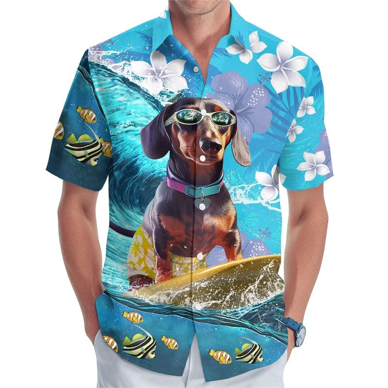3D-Volldruck Hawaii-Dackel-Grafikhemd für Herren, Sommer, lässig, zum Aufknöpfen, Surf- und Strandhemden, Blusas, Übergröße, Herren-T-Shirt_voghion.com