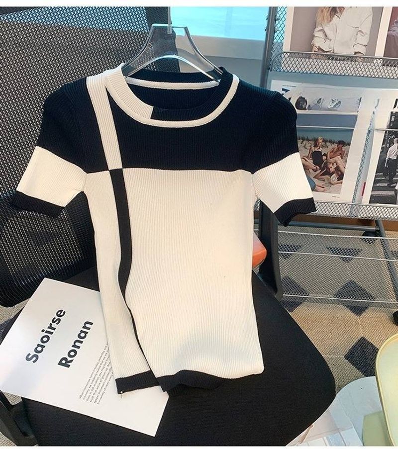 Damenbekleidung Sommer Neues T-Shirt Damen Kurzarmpullover Rundhals Farblich passender Eisseidenpullover Modische dünne Oberteile_voghion.com