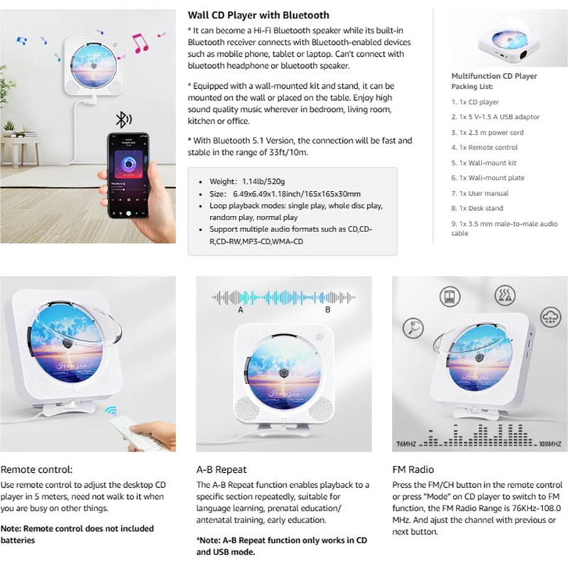 Byteuni Bluetooth Tragbarer Heim-CD-Musikplayer mit Fernbedienung, Timer, eingebauten Lautsprechern und LED-Anzeige, FM-Radio-Boombox (nicht wiederaufladbar)_voghion.com