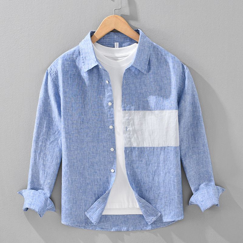 Chemise à manches longues à imprimé floral pour homme, haut ample décontracté et artistique en pur lin, chemise fine pour homme_voghion.com