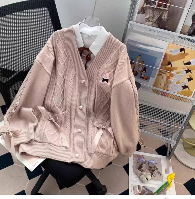 Women's Clothing Jacket Bowknot V neck Sweater Loose Lazy Style Outerwear Knitted Cardigan _voghion.com