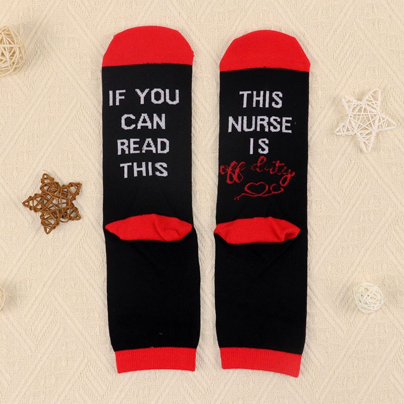 Baumwoll-Mittelrohrsocken für Krankenschwestern, Sohle mit Buchstaben, Jacquard, lässige Sportsocken_voghion.com